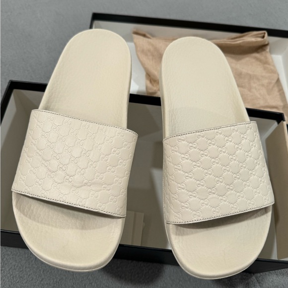 Gucci Leather Upper Rubber Sandal Ivory Microguccissima Slides size 38 US 7.5 - Picture 4 of 7